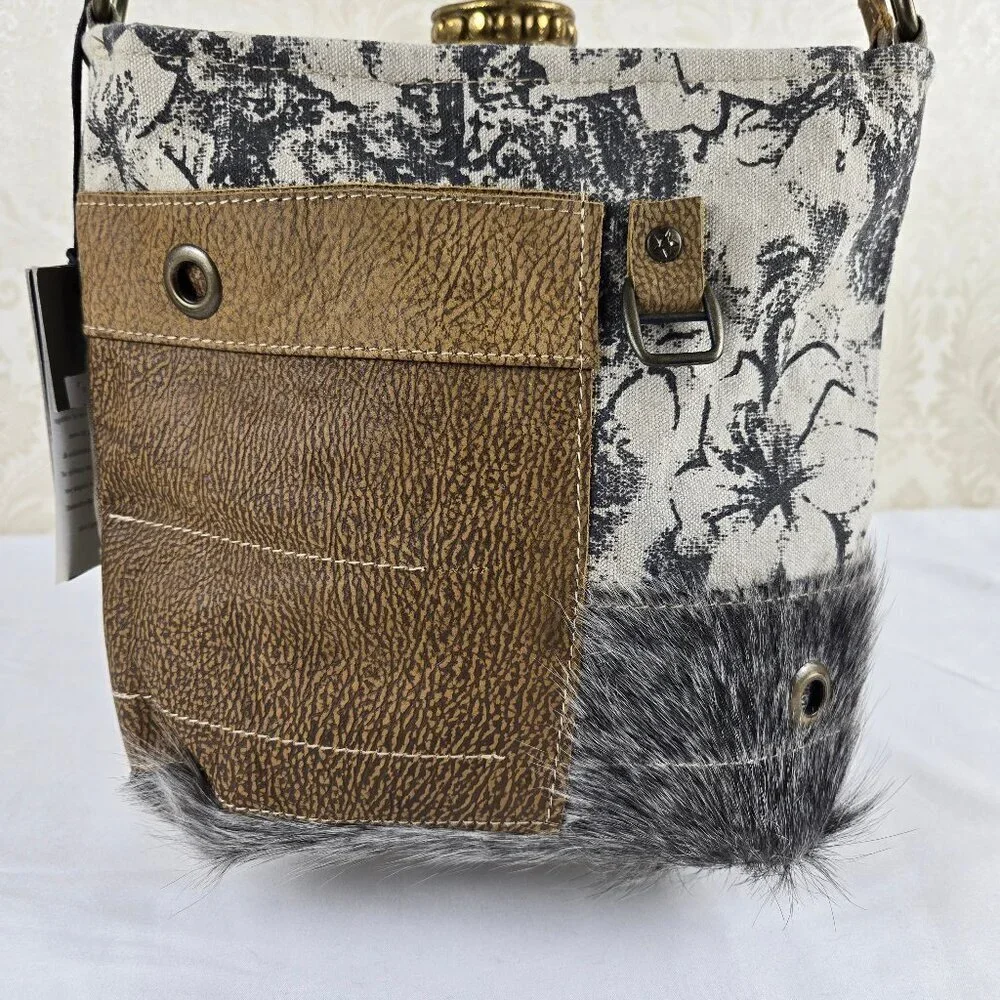 Myra Bag Crossbody Canvas Leather Hairon Crossbody Bag Neutrals Adj Strap NWT